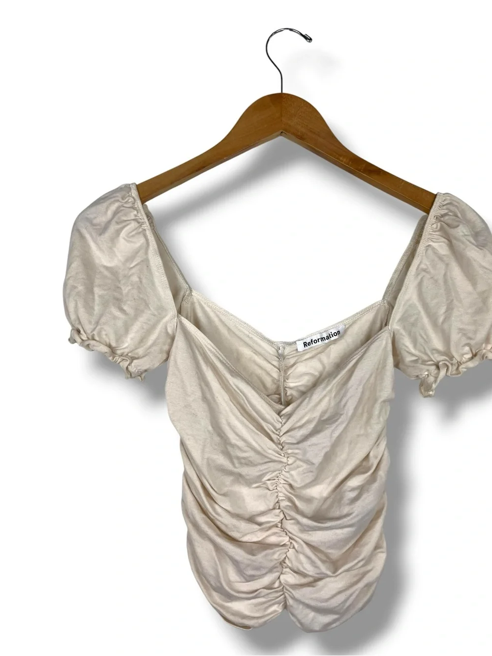 Reformation Fallow Womens Cream Ruched Puff Sleeve Square Neck Crop Top XS